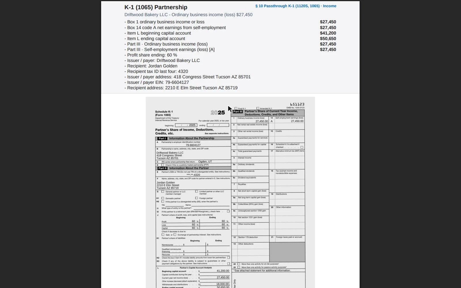 Clicking the K-1 row on a fictional client's income reconciliation page and landing on the K-1 page the figure was read from.