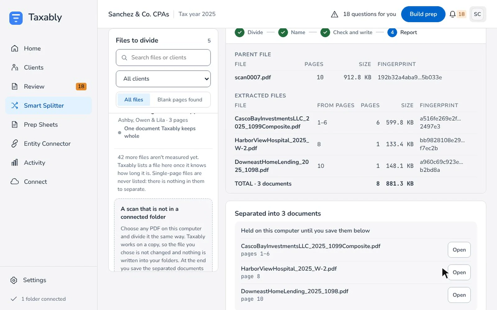 The Smart Splitter after a ten-page scan was divided at its two blank sheets: a brokerage consolidated 1099, a W-2 and a 1098, each named and separated.