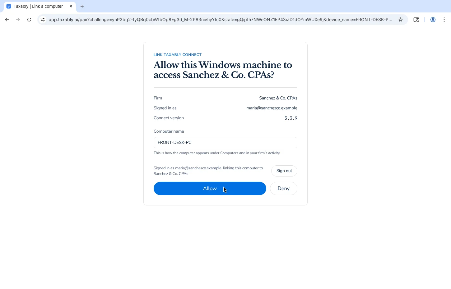 The browser on app.taxably.ai/pair asking to allow this Windows computer to access Sanchez & Co. CPAs, with the computer's name and Allow and Deny.