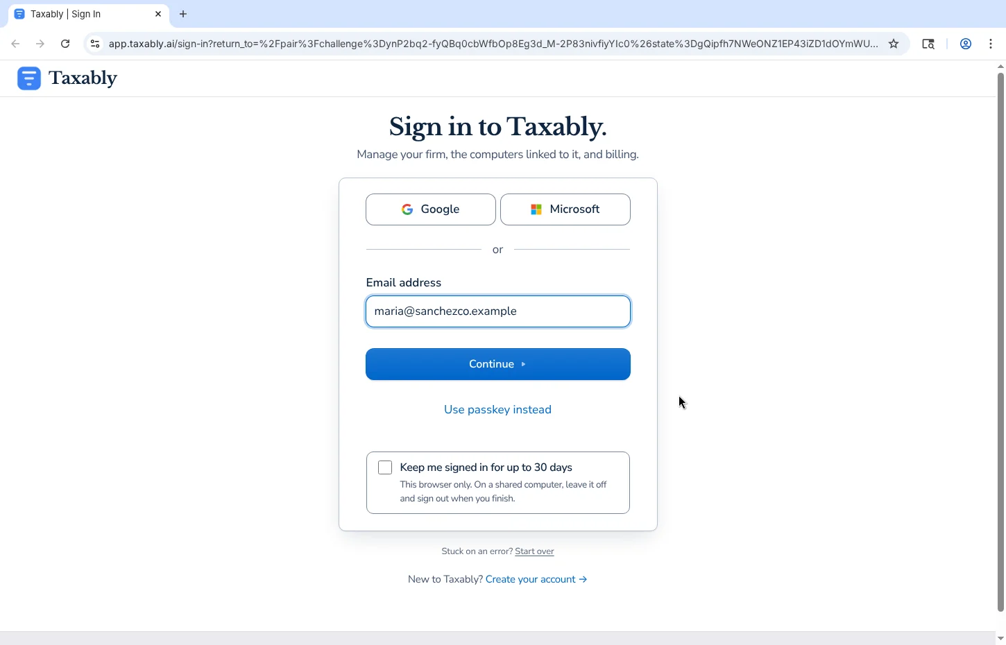 The browser on app.taxably.ai/sign-in, with the firm's email address typed into the Taxably sign-in form.