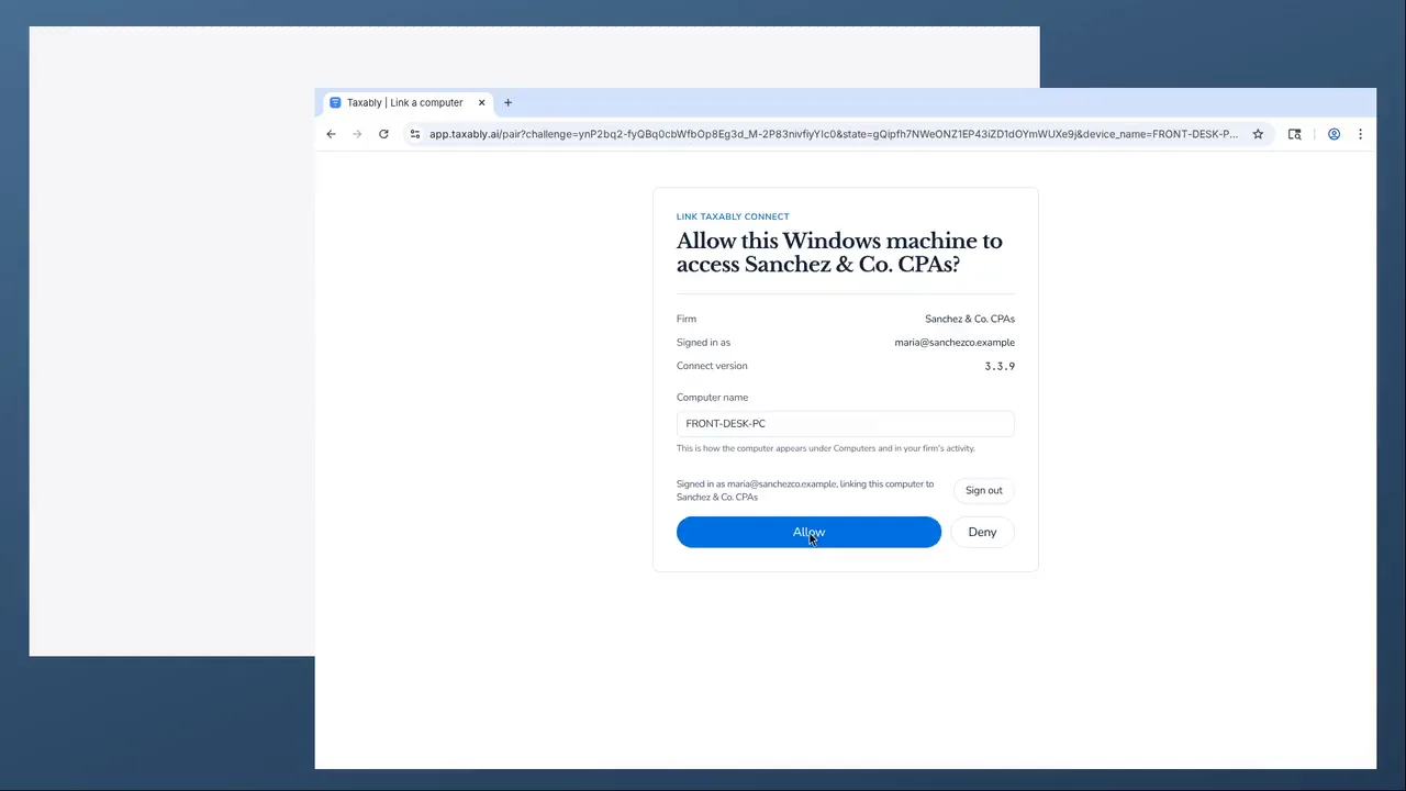 Linking a computer from start to finish: Sign in to Taxably in Taxably Connect, the browser opening app.taxably.ai, signing in, Allow, and Taxably Connect linked to the firm.