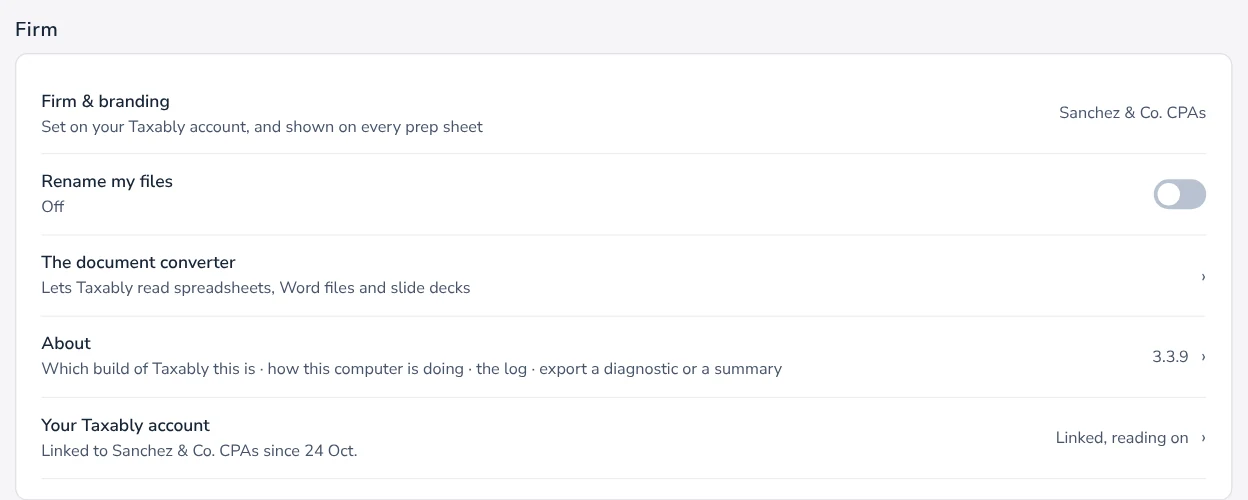 The Firm card in Settings: Firm and branding, Rename my files, the document converter, About and Your Taxably account.