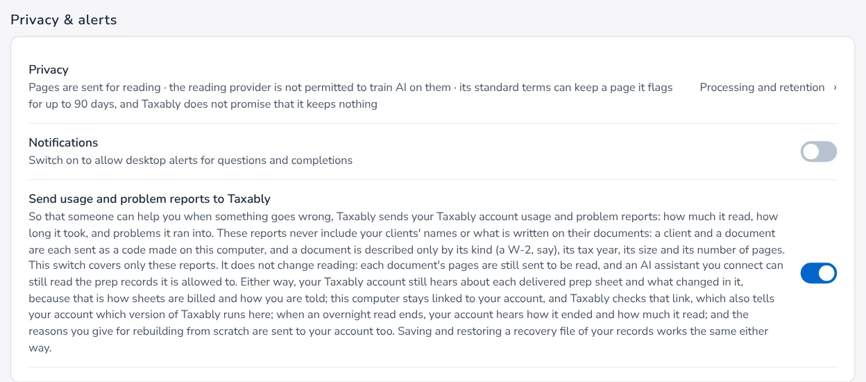 The Privacy and alerts card in Settings: Privacy, Notifications, and Send usage and problem reports to Taxably switched on, with what is sent either way.