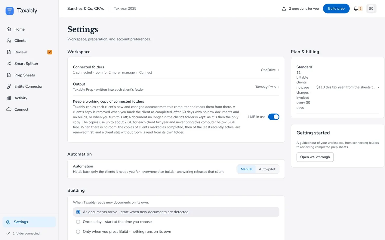 Settings in Taxably Connect scrolled from top to bottom: Workspace, Automation, Building, Updates, Assistants, Privacy and alerts, Controls and Firm.