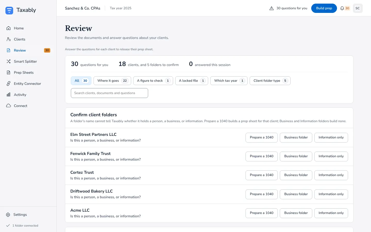 The Confirm client folders card on the Review screen, asking whether each of five folders is a person, a business or information.