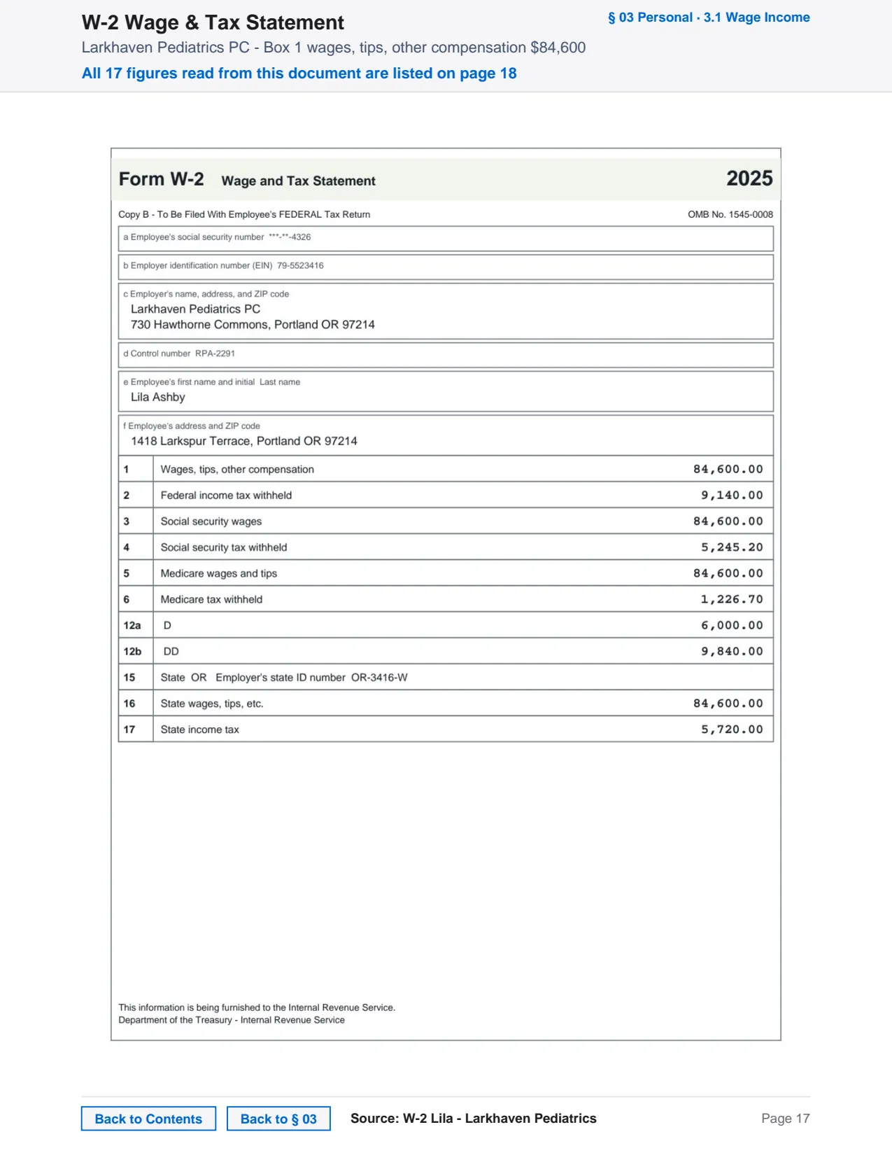 An original source document, a W-2 wage and tax statement, embedded inside a Taxably prep sheet after its section divider, with the figures read from its boxes in a band above it and the section and document name printed in the footer.